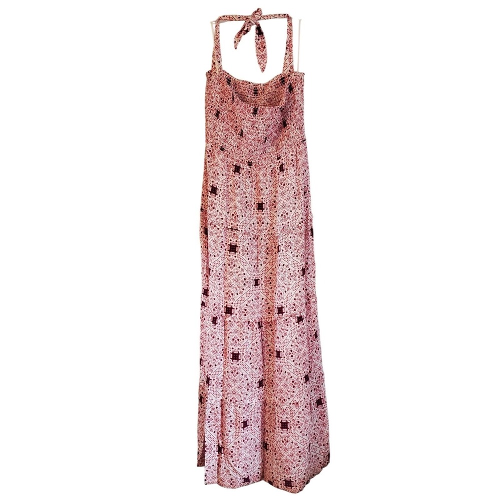 Ariat Dress Womens Large Red Bandana Paisley Smocked Halter Maxi Boho Rayon - Picture 9 of 11